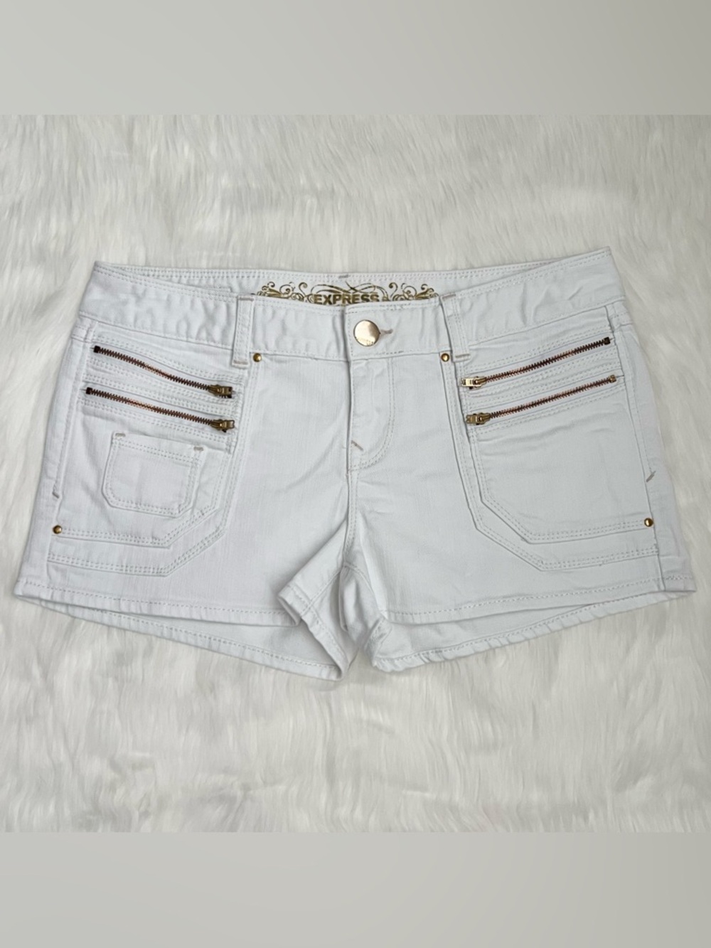 Express White Denim Shorts with Gold Zippers